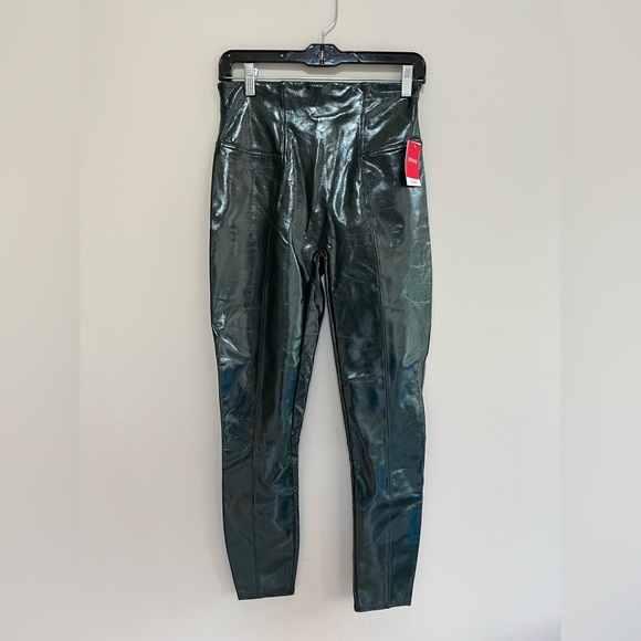 NWT SPANX Faux Patent Leather Leggings in Deep Green, size M - Picture 2 of 11